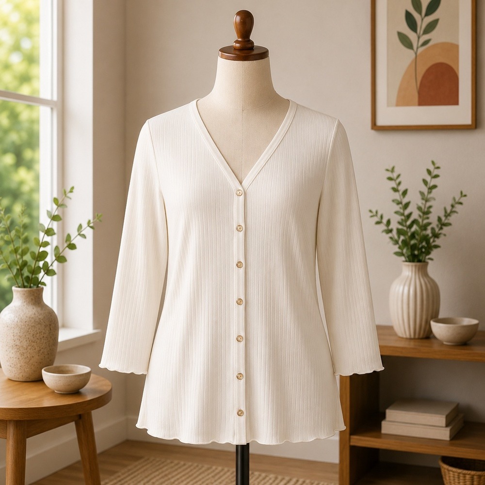 Susan Graver Ribbed Cardigan XL Cream‎ V-Neck Button Front Lettuce Edge